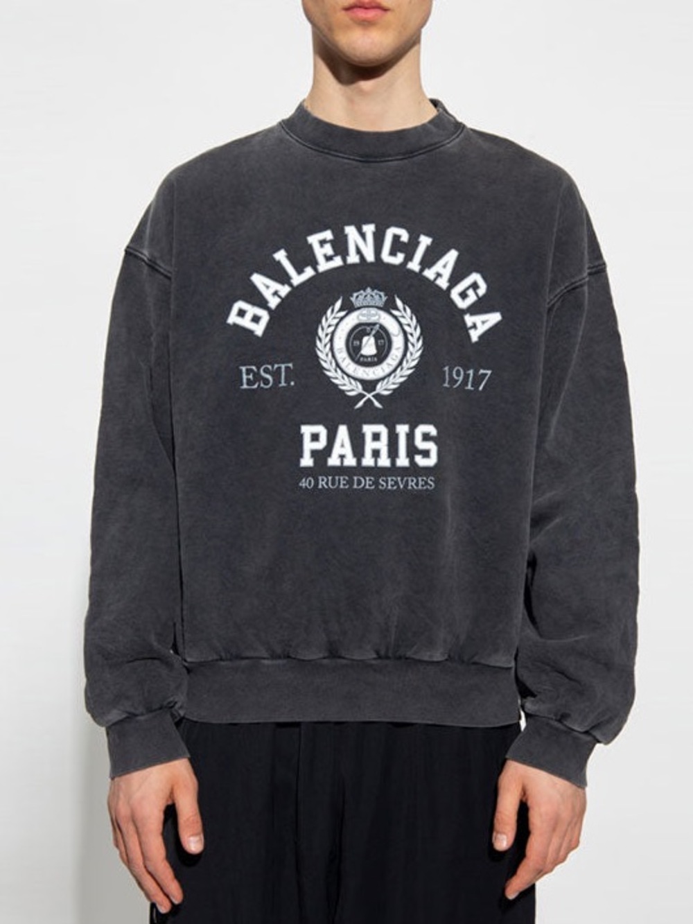 Balenciaga Charcoal College Logo Print Crewneck Sweatshirt